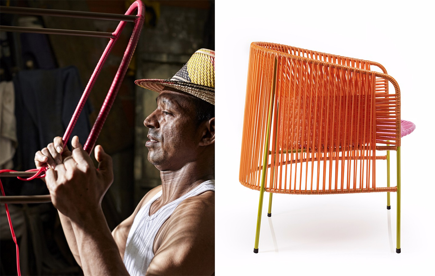 La silla lounge Caribe está hecha en PVC tejido a mano y su estructura es de tubería de acero, diseño de Sebastian Herkner para Ames.